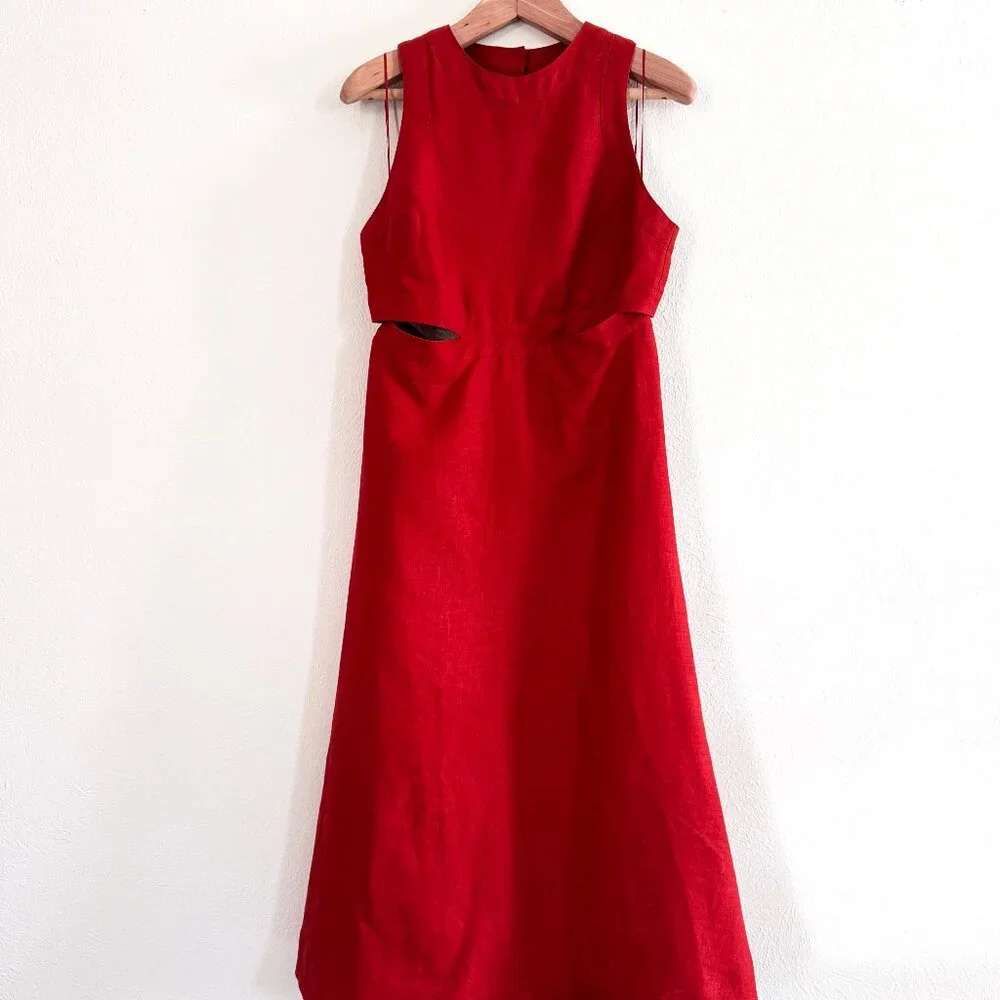 Banana Republic Lina Linen Cutout Dress in Red Embers, Size 12 - Picture 3 of 5